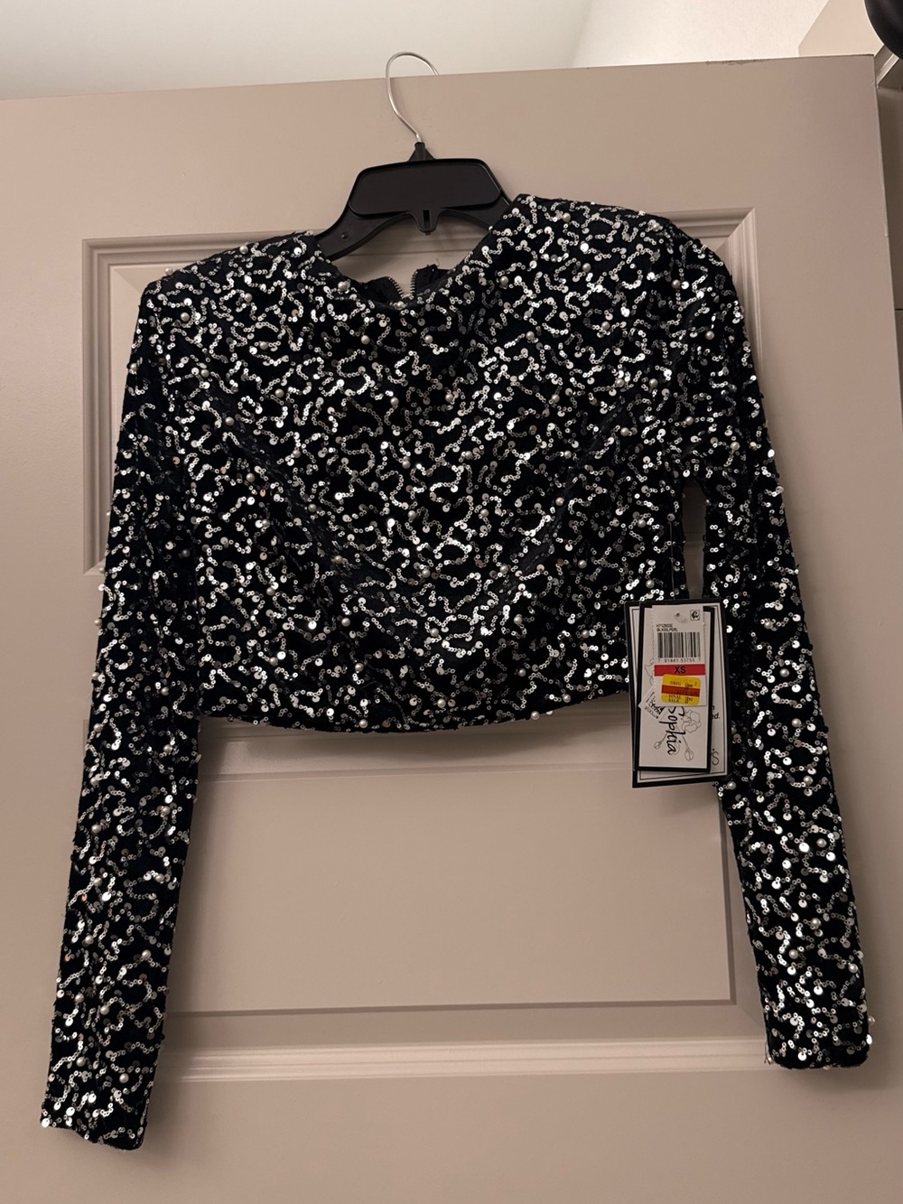Black Sequin Long-Sleeve Cropped Top